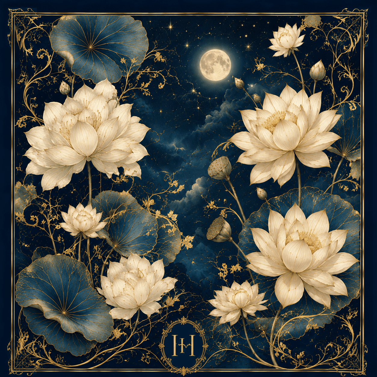 Moonlit Lotus - 100% Mulberry Silk Scarf