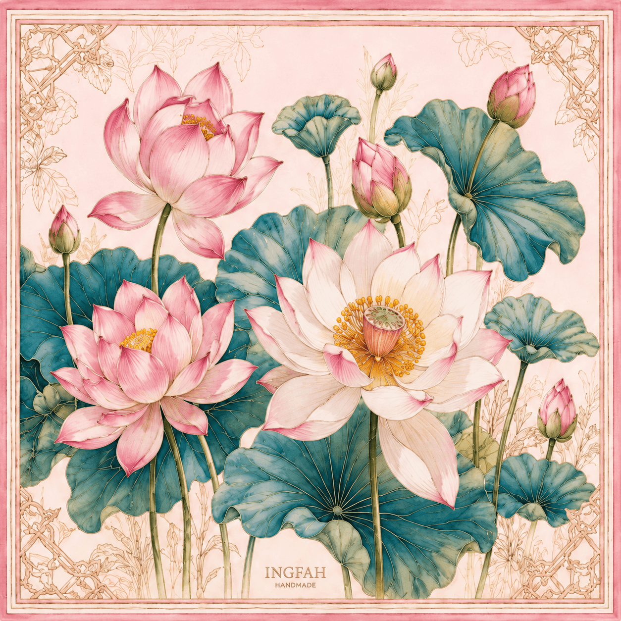 Lotus Garden - 100% Mulberry Silk Scarf